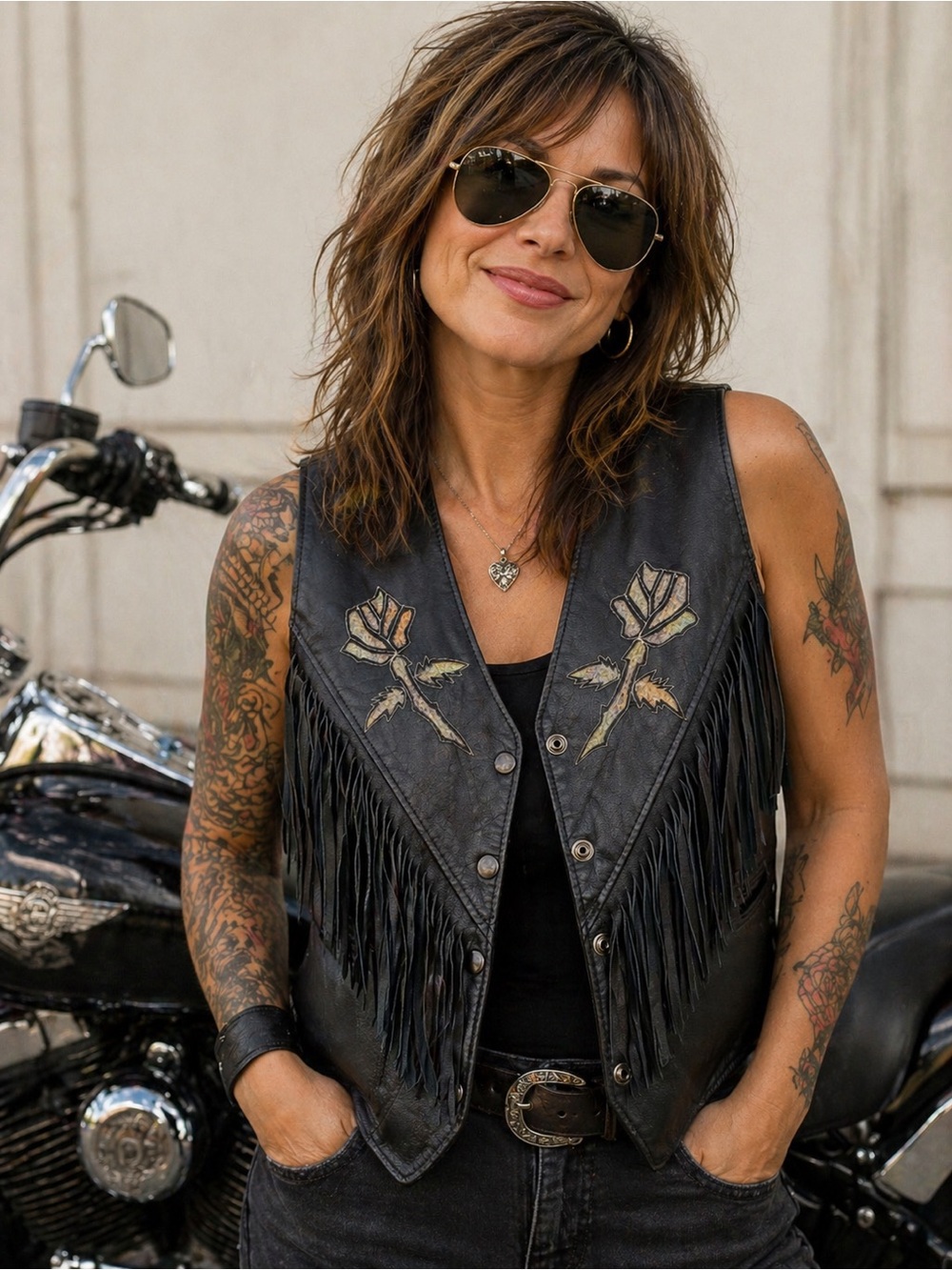 Vintage 90s Black Leather Fringe Vest Rose Appliqué Western Biker Boho USA M